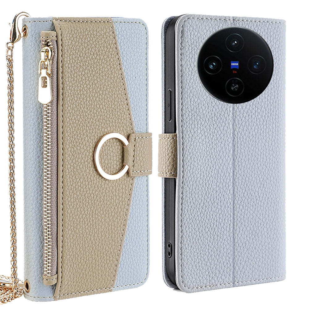 vivo X100s Crossbody Phone Case with Litchi Texture Leather, Adjustable Kickstand, Card Slots, Zipper Purse, Makeup Mirror, and TPU Protection