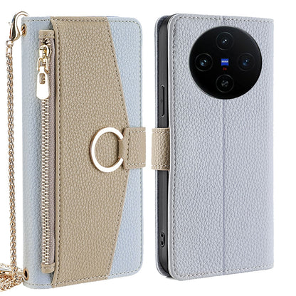 vivo X100s Crossbody Phone Case with Litchi Texture Leather, Adjustable Kickstand, Card Slots, Zipper Purse, Makeup Mirror, and TPU Protection