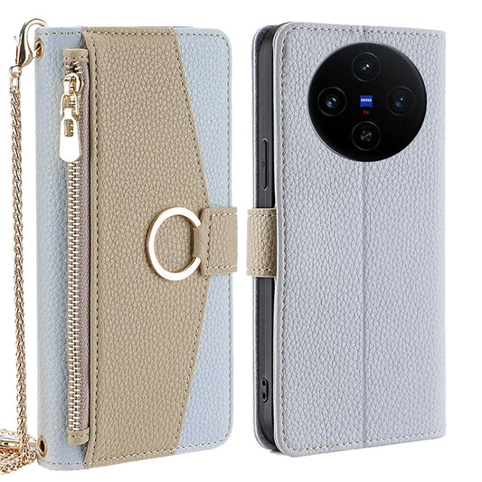 vivo X100s Crossbody Phone Case with Litchi Texture Leather, Adjustable Kickstand, Card Slots, Zipper Purse, Makeup Mirror, and TPU Protection