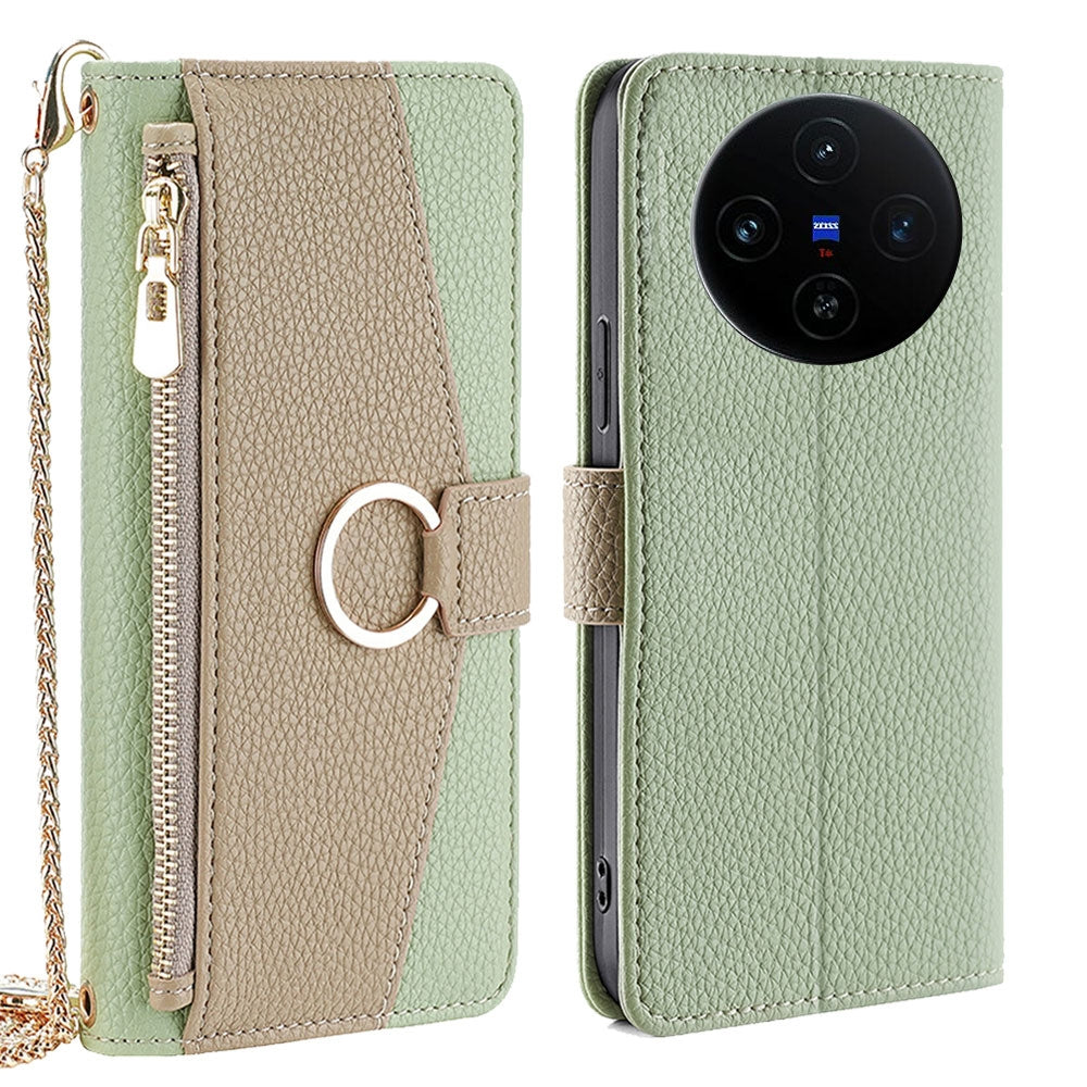 vivo X100s Crossbody Phone Case with Litchi Texture Leather, Adjustable Kickstand, Card Slots, Zipper Purse, Makeup Mirror, and TPU Protection