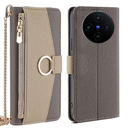 vivo X100s Crossbody Phone Case with Litchi Texture Leather, Adjustable Kickstand, Card Slots, Zipper Purse, Makeup Mirror, and TPU Protection