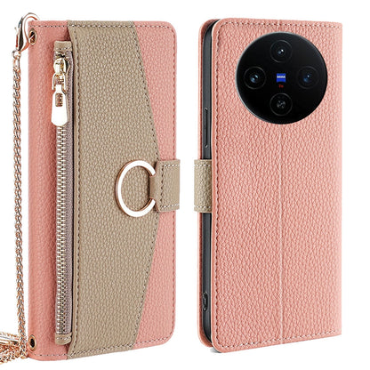 vivo X100s Crossbody Phone Case with Litchi Texture Leather, Adjustable Kickstand, Card Slots, Zipper Purse, Makeup Mirror, and TPU Protection