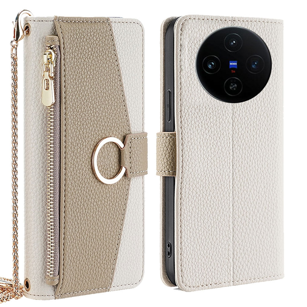 vivo X100s Crossbody Phone Case with Litchi Texture Leather, Adjustable Kickstand, Card Slots, Zipper Purse, Makeup Mirror, and TPU Protection