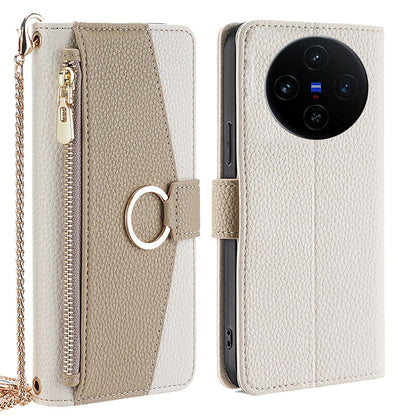 vivo X100s Crossbody Phone Case with Litchi Texture Leather, Adjustable Kickstand, Card Slots, Zipper Purse, Makeup Mirror, and TPU Protection