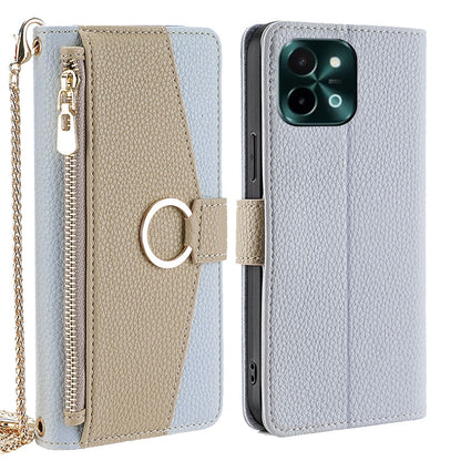 For vivo Y28 4G Crossbody Phone Case with Litchi Texture Leather, Adjustable Kickstand, Card Slots, Zipper Purse, Makeup Mirror, and TPU Protection