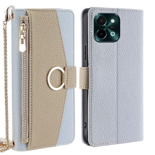 For vivo Y28 4G Crossbody Phone Case with Litchi Texture Leather, Adjustable Kickstand, Card Slots, Zipper Purse, Makeup Mirror, and TPU Protection