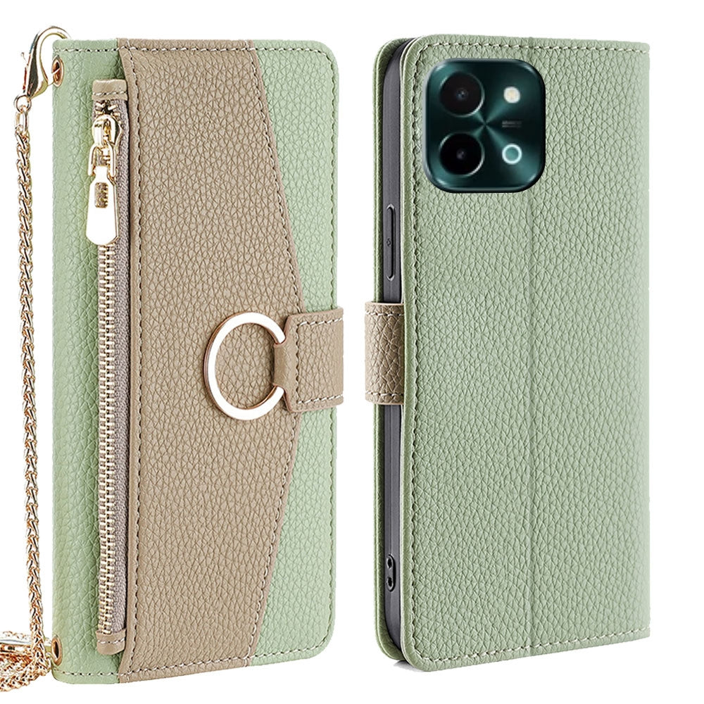 For vivo Y28 4G Crossbody Phone Case with Litchi Texture Leather, Adjustable Kickstand, Card Slots, Zipper Purse, Makeup Mirror, and TPU Protection