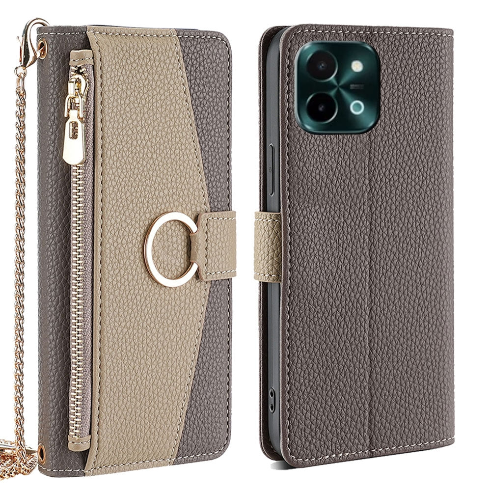 For vivo Y28 4G Crossbody Phone Case with Litchi Texture Leather, Adjustable Kickstand, Card Slots, Zipper Purse, Makeup Mirror, and TPU Protection