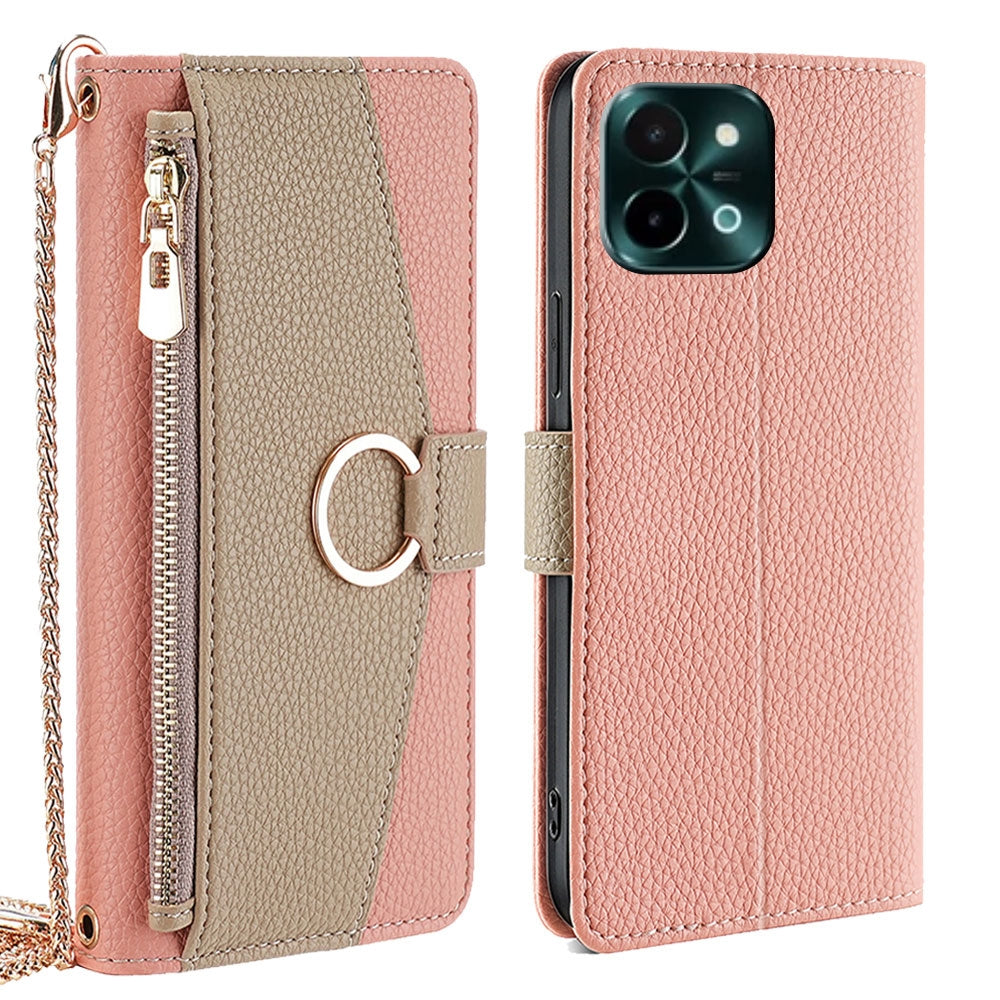 For vivo Y28 4G Crossbody Phone Case with Litchi Texture Leather, Adjustable Kickstand, Card Slots, Zipper Purse, Makeup Mirror, and TPU Protection