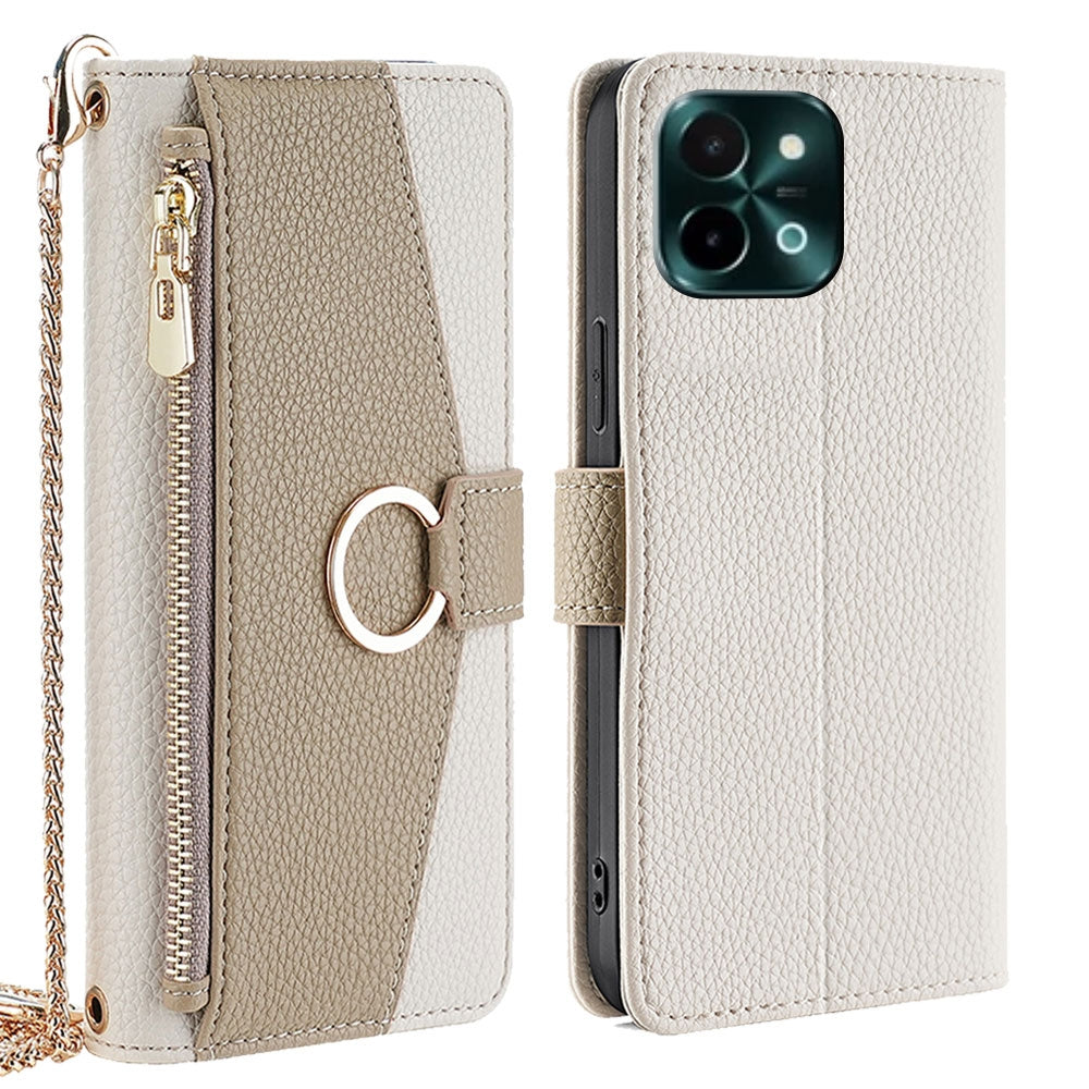 For vivo Y28 4G Crossbody Phone Case with Litchi Texture Leather, Adjustable Kickstand, Card Slots, Zipper Purse, Makeup Mirror, and TPU Protection