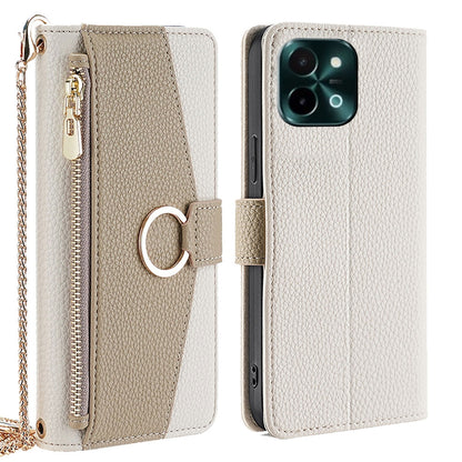 For vivo Y28 4G Crossbody Phone Case with Litchi Texture Leather, Adjustable Kickstand, Card Slots, Zipper Purse, Makeup Mirror, and TPU Protection