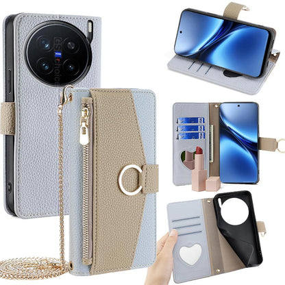 vivo X200 Pro 5G Crossbody Phone Case with Litchi Texture Leather, Adjustable Kickstand, Card Slots, Zipper Purse, Makeup Mirror, and TPU Protection