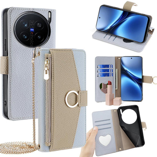 vivo X200 Pro 5G Crossbody Phone Case with Litchi Texture Leather, Adjustable Kickstand, Card Slots, Zipper Purse, Makeup Mirror, and TPU Protection