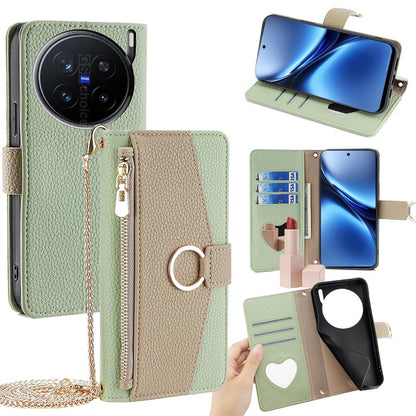 vivo X200 Pro 5G Crossbody Phone Case with Litchi Texture Leather, Adjustable Kickstand, Card Slots, Zipper Purse, Makeup Mirror, and TPU Protection