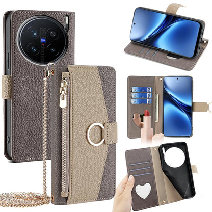 vivo X200 Pro 5G Crossbody Phone Case with Litchi Texture Leather, Adjustable Kickstand, Card Slots, Zipper Purse, Makeup Mirror, and TPU Protection