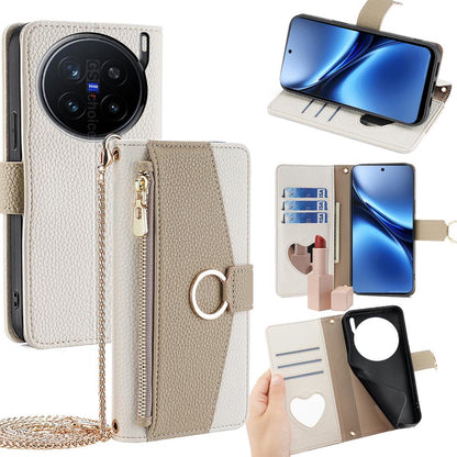 vivo X200 Pro 5G Crossbody Phone Case with Litchi Texture Leather, Adjustable Kickstand, Card Slots, Zipper Purse, Makeup Mirror, and TPU Protection