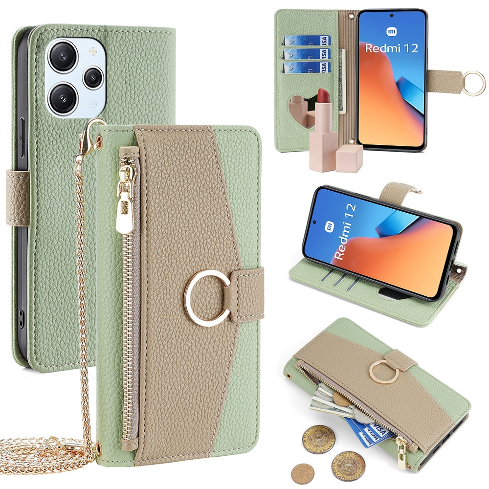 Xiaomi Redmi 12 4G Crossbody Phone Case with Litchi Texture Leather, Adjustable Kickstand, Card Slots, Zipper Purse, Makeup Mirror, and TPU Protection