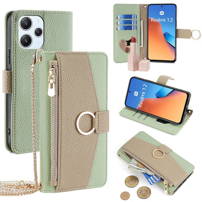 Xiaomi Redmi 12 4G Crossbody Phone Case with Litchi Texture Leather, Adjustable Kickstand, Card Slots, Zipper Purse, Makeup Mirror, and TPU Protection
