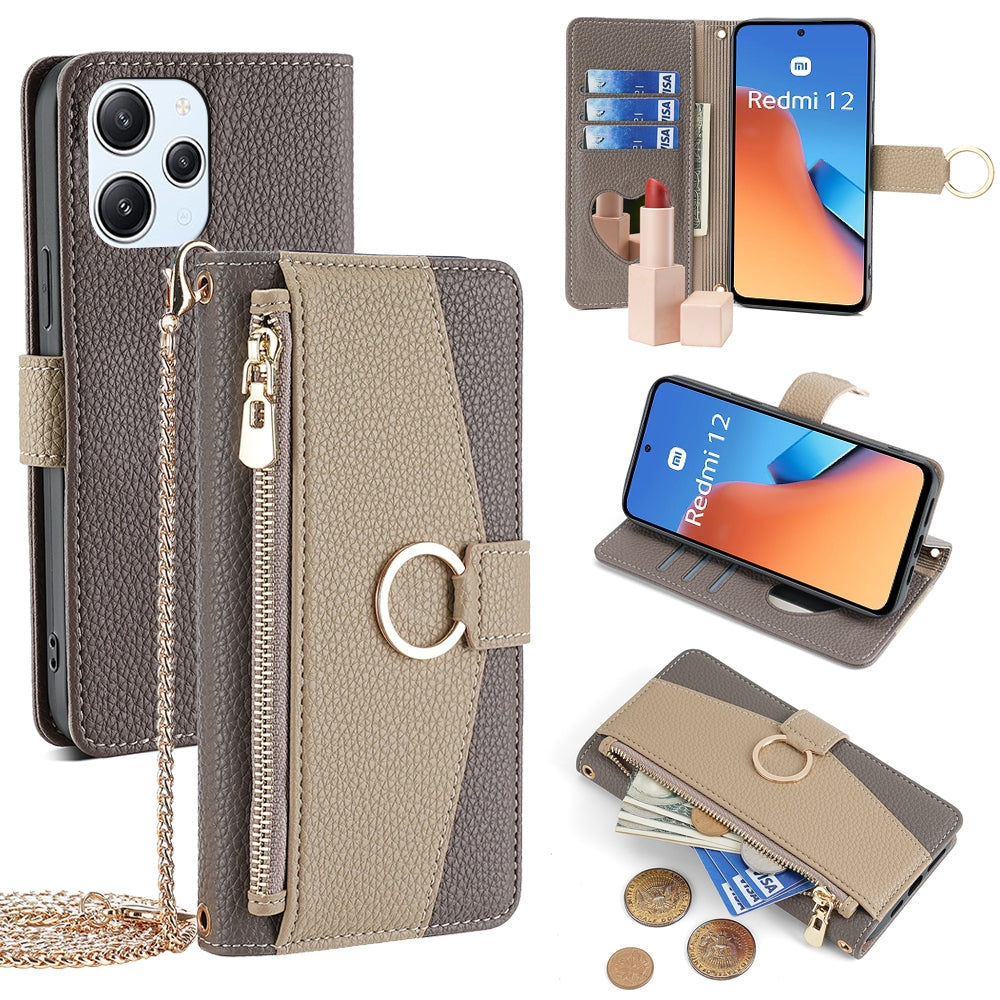 Xiaomi Redmi 12 4G Crossbody Phone Case with Litchi Texture Leather, Adjustable Kickstand, Card Slots, Zipper Purse, Makeup Mirror, and TPU Protection