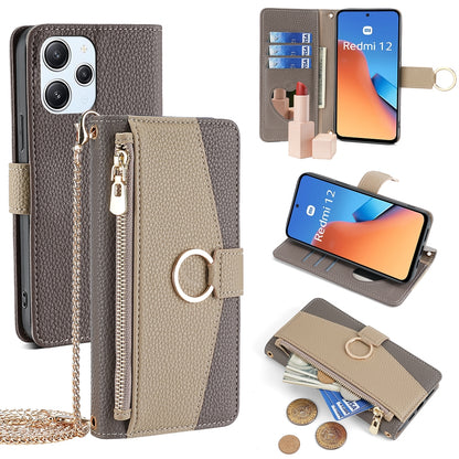 Xiaomi Redmi 12 4G Crossbody Phone Case with Litchi Texture Leather, Adjustable Kickstand, Card Slots, Zipper Purse, Makeup Mirror, and TPU Protection