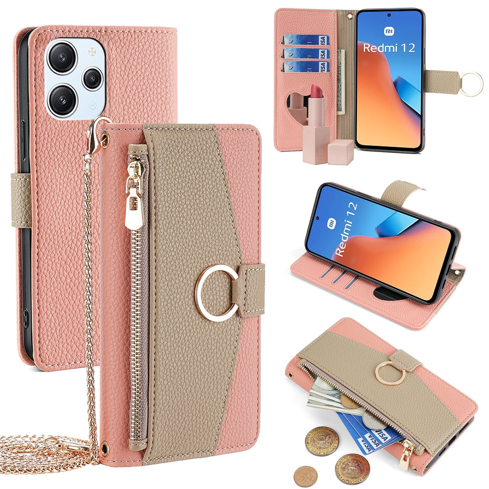 Xiaomi Redmi 12 4G Crossbody Phone Case with Litchi Texture Leather, Adjustable Kickstand, Card Slots, Zipper Purse, Makeup Mirror, and TPU Protection
