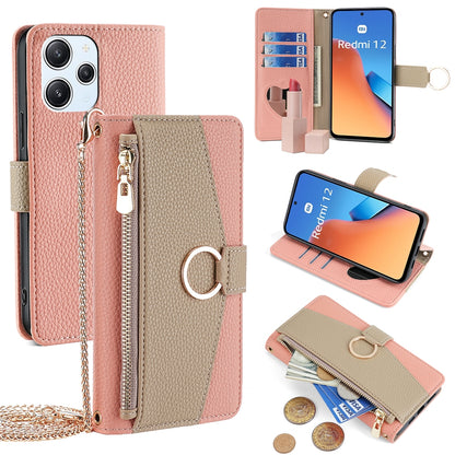 Xiaomi Redmi 12 4G Crossbody Phone Case with Litchi Texture Leather, Adjustable Kickstand, Card Slots, Zipper Purse, Makeup Mirror, and TPU Protection
