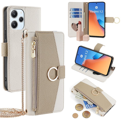 Xiaomi Redmi 12 4G Crossbody Phone Case with Litchi Texture Leather, Adjustable Kickstand, Card Slots, Zipper Purse, Makeup Mirror, and TPU Protection