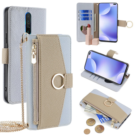 Xiaomi Redmi K30 Crossbody Phone Case with Litchi Texture Leather, Adjustable Kickstand, Card Slots, Zipper Purse, Makeup Mirror, and TPU Protection