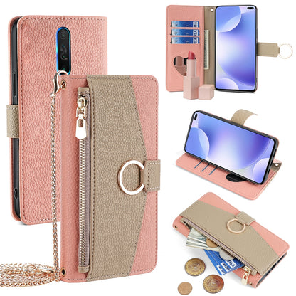 Xiaomi Redmi K30 Crossbody Phone Case with Litchi Texture Leather, Adjustable Kickstand, Card Slots, Zipper Purse, Makeup Mirror, and TPU Protection