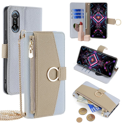 Xiaomi Redmi K40 Gaming Crossbody Phone Case with Litchi Texture Leather, Adjustable Kickstand, Card Slots, Zipper Purse, Makeup Mirror, and TPU Protection