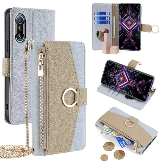 Xiaomi Redmi K40 Gaming Crossbody Phone Case with Litchi Texture Leather, Adjustable Kickstand, Card Slots, Zipper Purse, Makeup Mirror, and TPU Protection