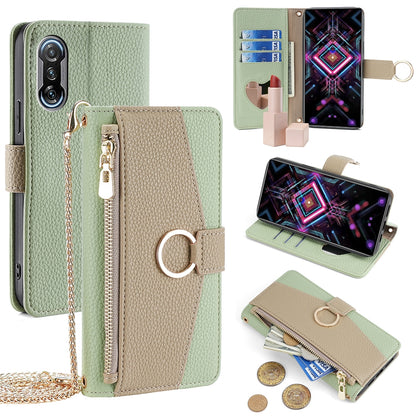 Xiaomi Redmi K40 Gaming Crossbody Phone Case with Litchi Texture Leather, Adjustable Kickstand, Card Slots, Zipper Purse, Makeup Mirror, and TPU Protection