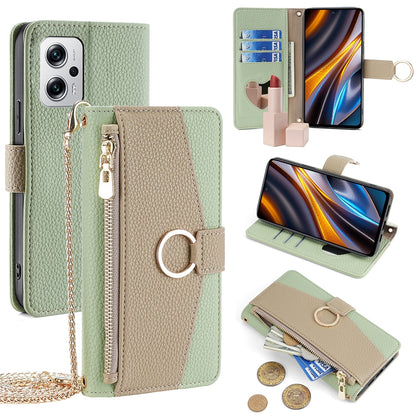 Xiaomi Redmi Note 11T Pro+ 5G Crossbody Phone Case with Litchi Texture Leather, Adjustable Kickstand, Card Slots, Zipper Purse, Makeup Mirror, and TPU Protection