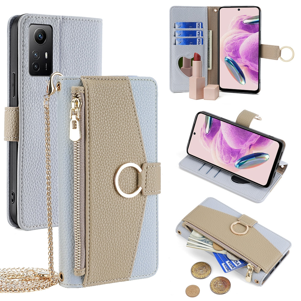 Xiaomi Redmi Note 12S 4G Crossbody Phone Case with Litchi Texture Leather, Adjustable Kickstand, Card Slots, Zipper Purse, Makeup Mirror, and TPU Protection