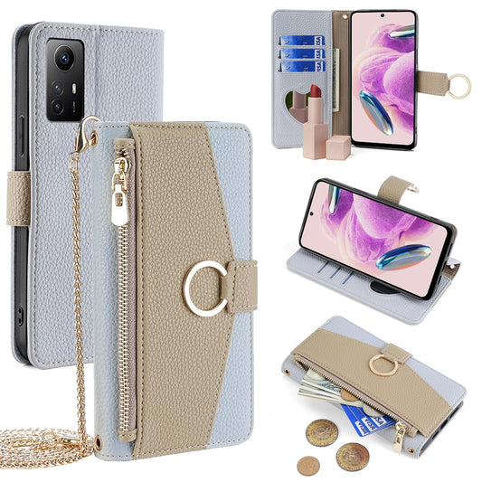 Xiaomi Redmi Note 12S 4G Crossbody Phone Case with Litchi Texture Leather, Adjustable Kickstand, Card Slots, Zipper Purse, Makeup Mirror, and TPU Protection
