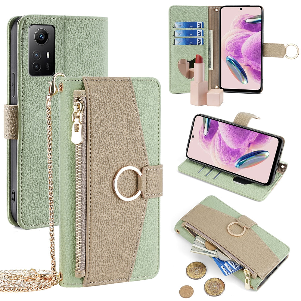 Xiaomi Redmi Note 12S 4G Crossbody Phone Case with Litchi Texture Leather, Adjustable Kickstand, Card Slots, Zipper Purse, Makeup Mirror, and TPU Protection