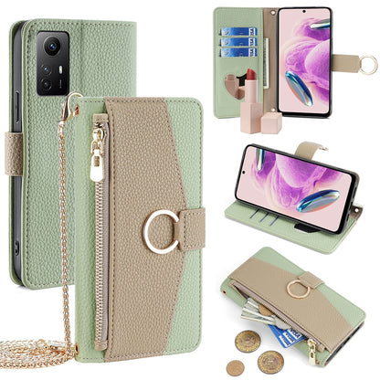 Xiaomi Redmi Note 12S 4G Crossbody Phone Case with Litchi Texture Leather, Adjustable Kickstand, Card Slots, Zipper Purse, Makeup Mirror, and TPU Protection