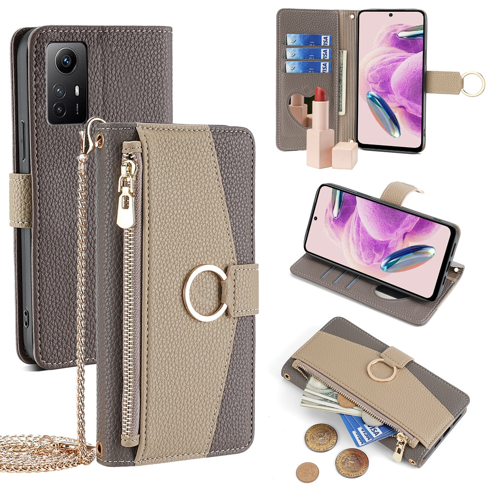 Xiaomi Redmi Note 12S 4G Crossbody Phone Case with Litchi Texture Leather, Adjustable Kickstand, Card Slots, Zipper Purse, Makeup Mirror, and TPU Protection