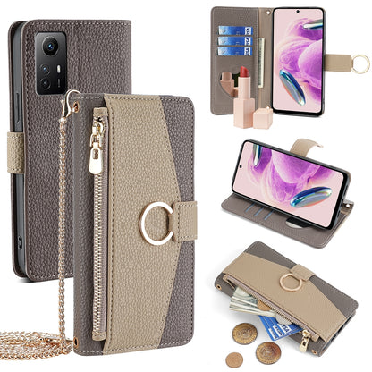 Xiaomi Redmi Note 12S 4G Crossbody Phone Case with Litchi Texture Leather, Adjustable Kickstand, Card Slots, Zipper Purse, Makeup Mirror, and TPU Protection