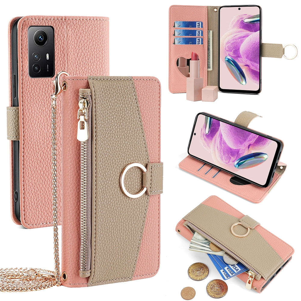 Xiaomi Redmi Note 12S 4G Crossbody Phone Case with Litchi Texture Leather, Adjustable Kickstand, Card Slots, Zipper Purse, Makeup Mirror, and TPU Protection