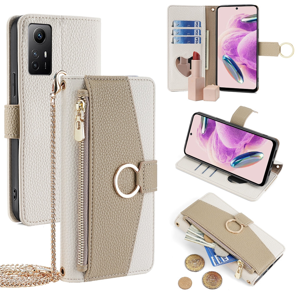 Xiaomi Redmi Note 12S 4G Crossbody Phone Case with Litchi Texture Leather, Adjustable Kickstand, Card Slots, Zipper Purse, Makeup Mirror, and TPU Protection