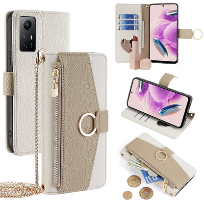 Xiaomi Redmi Note 12S 4G Crossbody Phone Case with Litchi Texture Leather, Adjustable Kickstand, Card Slots, Zipper Purse, Makeup Mirror, and TPU Protection