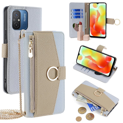Xiaomi Redmi 12C 4G Crossbody Phone Case with Litchi Texture Leather, Adjustable Kickstand, Card Slots, Zipper Purse, Makeup Mirror, and TPU Protection