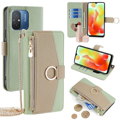 Xiaomi Redmi 12C 4G Crossbody Phone Case with Litchi Texture Leather, Adjustable Kickstand, Card Slots, Zipper Purse, Makeup Mirror, and TPU Protection