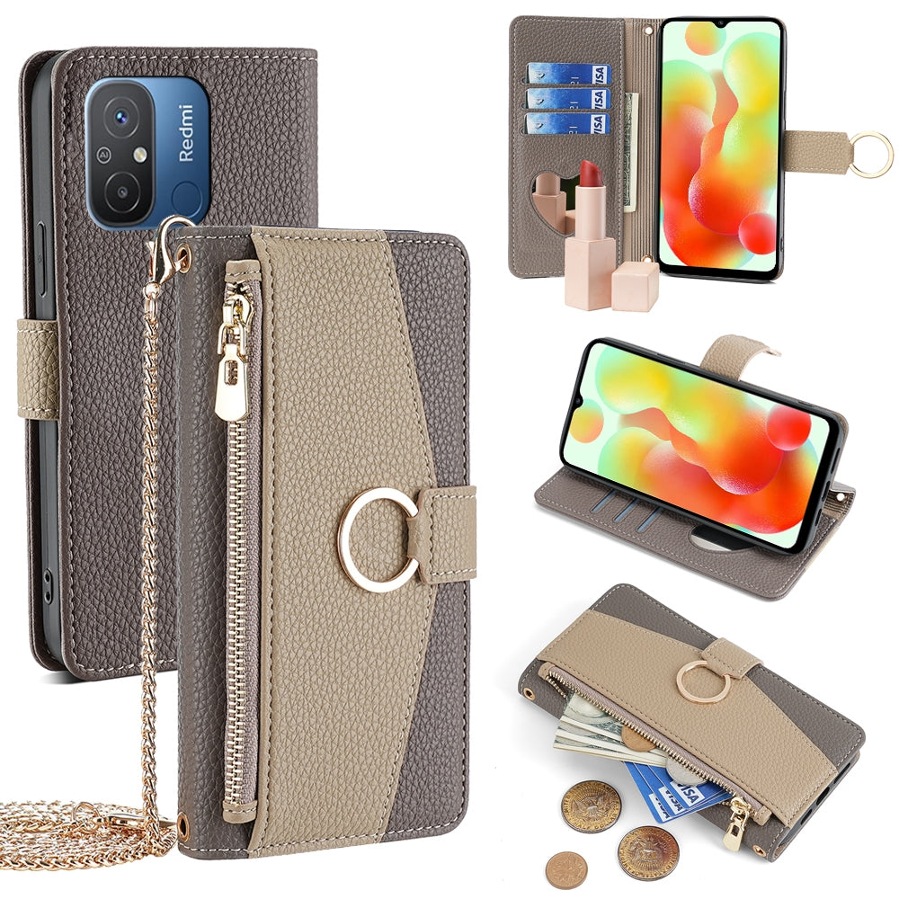 Xiaomi Redmi 12C 4G Crossbody Phone Case with Litchi Texture Leather, Adjustable Kickstand, Card Slots, Zipper Purse, Makeup Mirror, and TPU Protection