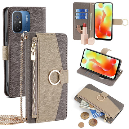 Xiaomi Redmi 12C 4G Crossbody Phone Case with Litchi Texture Leather, Adjustable Kickstand, Card Slots, Zipper Purse, Makeup Mirror, and TPU Protection
