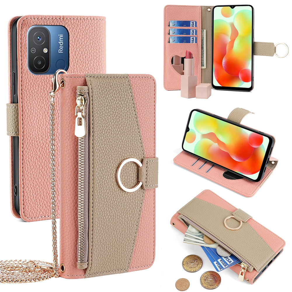 Xiaomi Redmi 12C 4G Crossbody Phone Case with Litchi Texture Leather, Adjustable Kickstand, Card Slots, Zipper Purse, Makeup Mirror, and TPU Protection