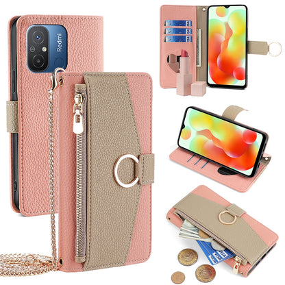 Xiaomi Redmi 12C 4G Crossbody Phone Case with Litchi Texture Leather, Adjustable Kickstand, Card Slots, Zipper Purse, Makeup Mirror, and TPU Protection