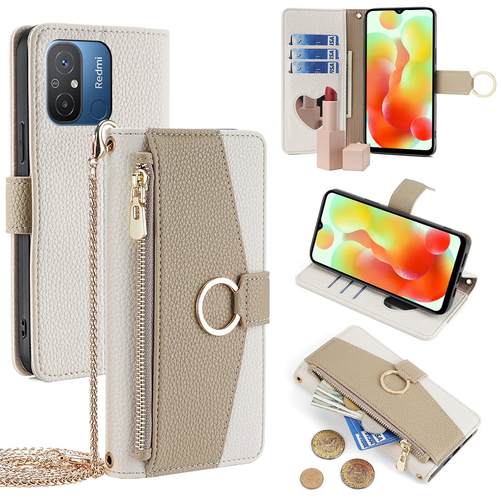 Xiaomi Redmi 12C 4G Crossbody Phone Case with Litchi Texture Leather, Adjustable Kickstand, Card Slots, Zipper Purse, Makeup Mirror, and TPU Protection