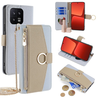 Xiaomi 13 Crossbody Phone Case with Litchi Texture Leather, Adjustable Kickstand, Card Slots, Zipper Purse, Makeup Mirror, and TPU Protection